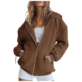 Generic Womens Long Sleeve Sweatshirts Casual Hooded Jackets with Pockets Oversized Zip Up Hoodies Lightweight Ladies Large Womens Zippe Sweatshirt (Coffee, L
