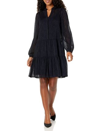 Tommy Hilfiger Womens Shift Chiffon Long Sleeve V-Neck Dress, Sky Captain/Black, 14