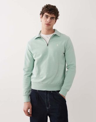 Polo Ralph Lauren Maglione lavorato in cotone verde con logo a icona e zip corta
