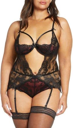 Oh l&agrave; l&agrave; Ch&eacute;ri Cutout Lace Underwire Teddy with Suspender Straps in Black/zinfandel at Nordstrom, Size 3X/4X