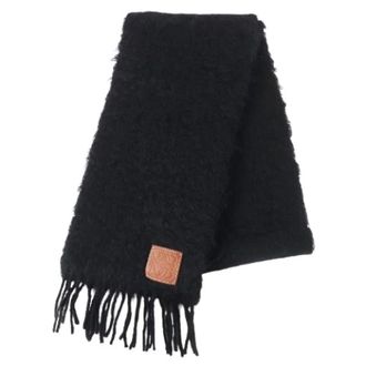 Loewe Pre-owned Scarves, female, Black, Size: ONE SIZE Pre-owned Anagram Leather Patch Fringe Wool Mohair Scarf