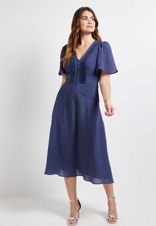 Wallis Womens Pintuck Detail Button Midi Dress - Navy viscose - Size 10 UK