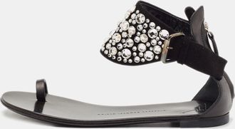 Giuseppe Zanotti Black Suede And Leather Crystal Embellished Ankle Wrap Flat Sandals