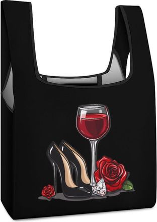Generic High Heel Shoes Red Wine Glass And Diamonds Shopping Bag Reusable Grocery Tote Bag Foldable Handbag for Travel Picnic