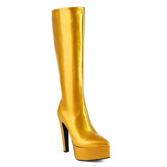 Generic Womens Pointed Toe Platform Metallic Knee High Boots Slim Stretch Wide Calf Side Zipper Block Heels Party Catwalk Shoes (5.5,Yellow)