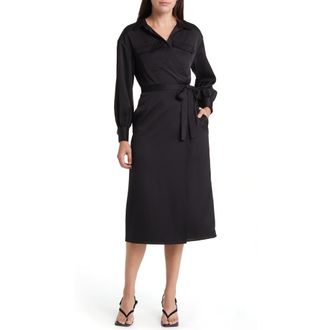 French Connection Harlow Long Sleeve Satin Midi Wrap Dress in 01-Blackout at Nordstrom, Size 6
