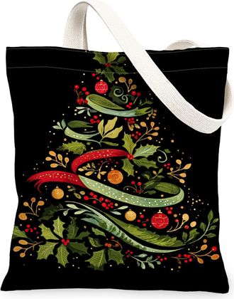 Generic Christmas Floral Canvas Tote Bags, Holiday Leaves Design Reusable Grocery Bags, Vintage Lightweight Washable Shoulder Strap Canvas for Travel Beach Pi
