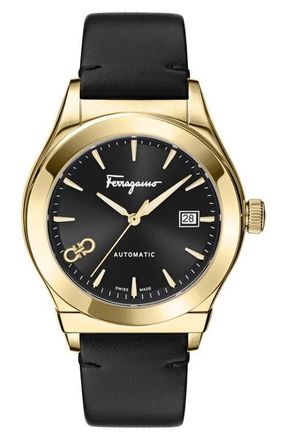 Ferragamo 1927 Automatic Leather Strap Watch, 42mm in Ip Yellow Gold at Nordstrom