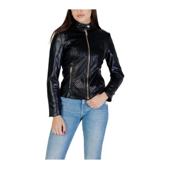 Guess Light Jackets, female, Black, Size: S Zip-Up Long Sleeve Blazer with Round Neck