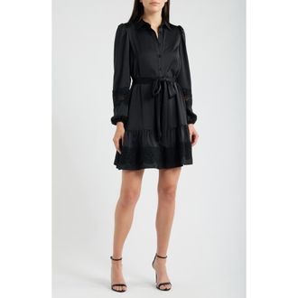 Anne Klein Lace Trim Long Sleeve Tie Belt Satin Shirtdress in Anne Black at Nordstrom, Size 16