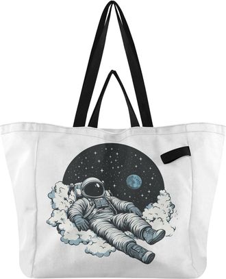 Generic White Astronaut Star pattern Reusable Canvas Tote Bag, Heavy Duty Grocery Shopping Bag with Double Handles Hard Bottom Large Capacity Work Groceries T