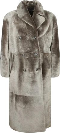 Yves Salomon Lange Shearling Double-Breasted Jas - Dames - Mantel - Grijs - XS - Leer - Jassen