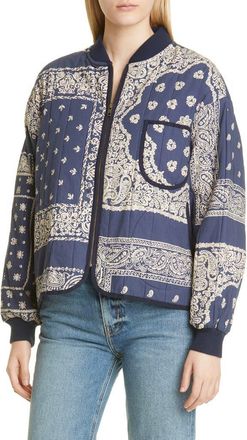 The Great. The Bandana Print Quilted Bomber Jacket in Navy Bandana Print at Nordstrom, Size 1