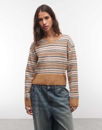 Monki maglione lavorato a maglia jacquard con scollo a V a righe Fair Isle marrone-Arancione