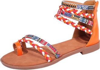 Generic Women Sandals under 20 Ethnic Dazzling Colorful Patchwork Large Size Flat Sandals Slippers Women Sandal (Red, 5.5)