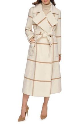 DKNY Windowpane Plaid Tie Waist Wool Blend Coat in White Plaid at Nordstrom Rack, Size Xx-Small