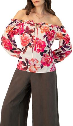 Ivonne Off-Shoulder Long Sleeve Printed Blouse in Ivory at Nordstrom, Size 10