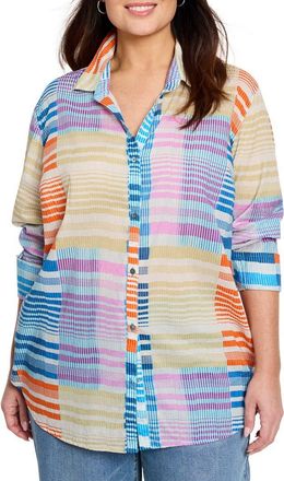 Nic+Zoe Sunset Stripe Cotton Button-Up Shirt in Blue Multi at Nordstrom, Size 2X