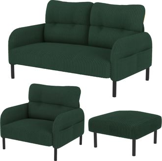 STILVORA Conjunto De Sof&aacute;s De 4 Plazas En Terciopelo Acanalado Con Sof&aacute; Recto, Sill&oacute;n, Taburete, Bolsillo Lateral, Verde Esmeralda