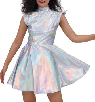 Generic Women Shiny Metallic Dress Holographic High Waisted Flare Skater Dress Carnival Party Outfit Round Neck High Waist Holographic Nightclub Outfit