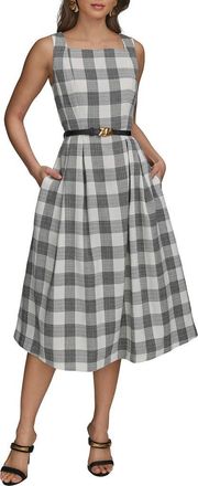 DKNY Check Sleeveless Midi Dress in Black Cream at Nordstrom, Size 12