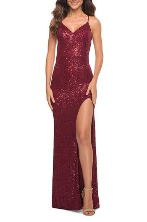La Femme Long Stretch Sequin Dress in Jewel Tones with Open Back in Wine at Nordstrom, Size 12
