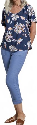 Tribal Flora Flutter Sleeve Scoop Neck Top In Deep Blue