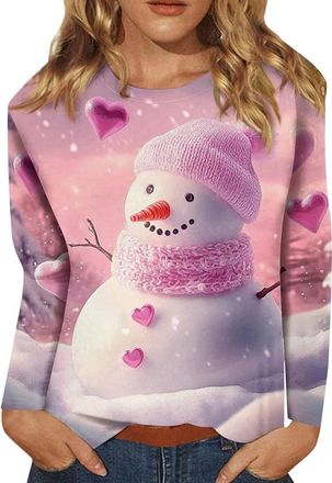 Generic Womens Christmas Jumper Womens 3/4 Sleeve Tops Ladies Xmas Sweatshirts Shinny Snowflake Printed Shirts Lovely Snowman Pullovers Crew Neck Holiday Jump