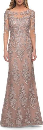 La Femme Gorgeous Lace Long Gown with Three-Quarter Sleeves in Champagne at Nordstrom, Size 20