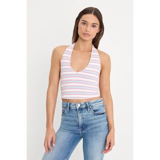 Good American Womens Super Stretch Halter Tank Top | Sky Stripe, Size Medium | Good American by Khlo&Egrave; Kardashian