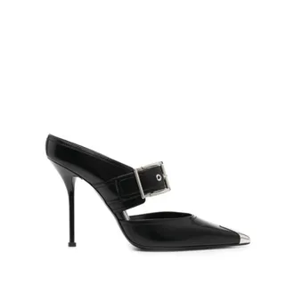 Alexander McQueen Heeled Mules, female, Black, 4 UK, Black Leather Mule with Silver Buckle and Pointed Toe