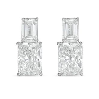 Diana M. Jewels 14kt white gold 15cts lab grown emerald and radiant cut diamond earrings