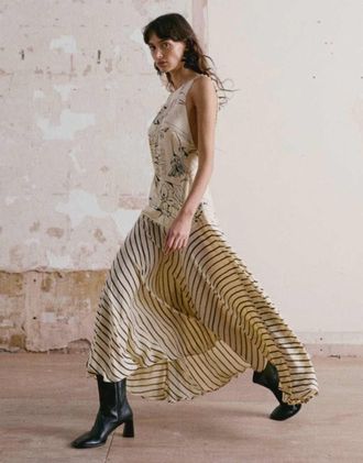 Topshop Vestito lungo con perline e stampa a fiori e a righe a contrasto-Bianco