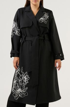 Estelle Monet Embroidered Double Breasted Trench Coat in Black/Cream at Nordstrom, Size 20W