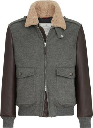 Brunello Cucinelli Bonded Cashmere Beaver Cloth And Nappa Leather Bomber Jacket With Thermore Padding And Detachable Shearling Collar