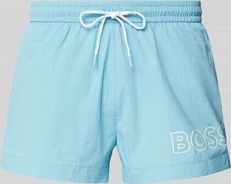 HUGO BOSS Relaxed Fit Badeshorts mit Label-Print Modell Mooneye in Hellblau, Größe XXL