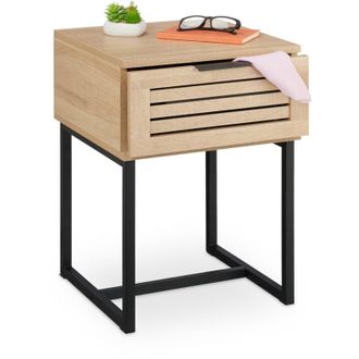 Relaxdays Relaxdays - Bedside Table with Drawer, 55.5 x 40 x 41.5 cm, Nightstand, Wood Effect, Metal, Bedroom Cabinet, Natural/Black