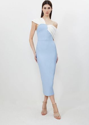Karen Millen Womens Petite Figure Form Bandage Asymmetric Strap Knit Midi Dress - Light Blue - Size 14 UK