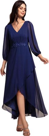 Ever-pretty Bridesmaid Dress Chiffon Long Sleeve High-Low Evening Dress with Waist Applique Navy Blue 8UK
