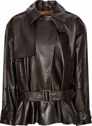 Rotate Brown Peplum Hem Lambskin Leather Jacket