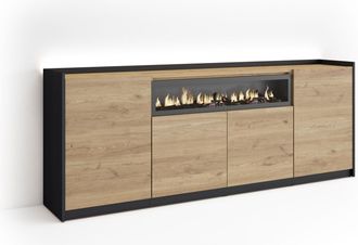 Skraut Home Skraut Home - Aparador Para Sal&oacute;n, Gran Capacidad De Almacenaje, 207x37x80cm, 4 Puertas, Chimenea El&eacute;ctrica, Led, Estilo Moderno, Roble Y Negro