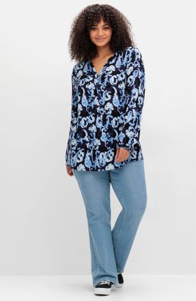 Sheego Schlupfbluse SHEEGO, Damen, Gr. 40, blau (marine, gemustert), 100% Viskose, gebl&uuml;mt, gemustert, Rundhals, Blusen Schlupfbluse