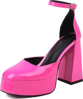 Generic Womens Patent Leather Platform Pumps High Chunky Block Heels Adjustable Ankle Strap with Buckle Pointed Toe Evening Dress Party Prom Shoes,Rose Red,9.