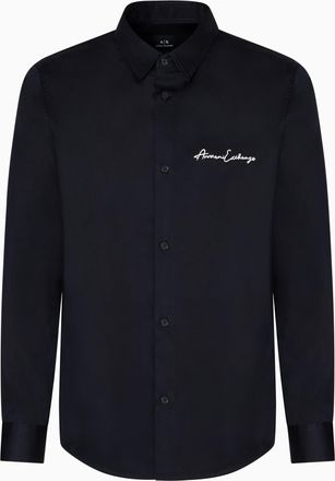 A|X Armani Exchange Mens Long Sleeve Regular Fit Signature Logo Shirt, Shirt, Blue, XXL
