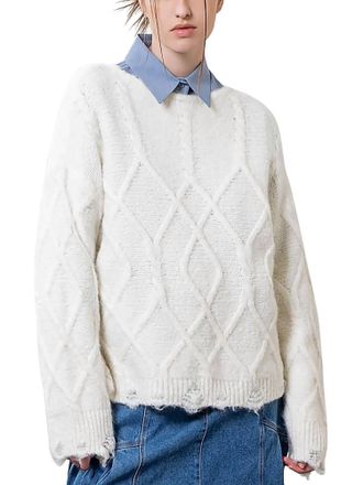 Moon River Destroyed Cable Sweater In White