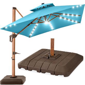 Best Choice Products 10ft Square Woodgrain Pattern 2-Tier Outdoor Solar LED Cantilever Umbrella w/ Base