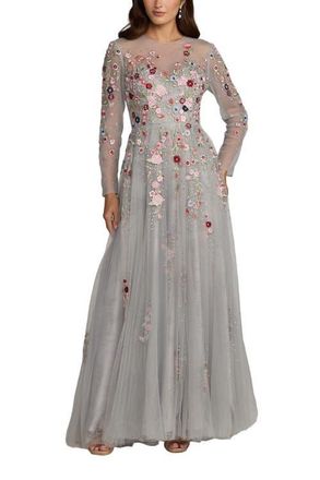 Mac Duggal Embroidered Illusion High Neck Long Sleeve A Line Gown in Platinum Multi at Nordstrom, Size 4