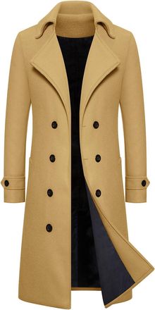 Generic Mens Winter Trench Coat Baggy Stand Collar Double Breasted Jackets Mid Long Business Overcoats with Pockets Fashion Warm Windbreaker Outerwear Comfort