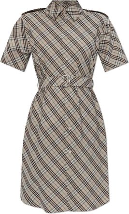 Burberry Geruite Jurk - Dames - Shirt Kleedjes - Beige - 3XS - Katoen - Kleedjes