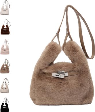 Generic Mini Furry Purse,Mini Fluffy Tote Bag,Designer Fuzzy Crossbody Handbag,Faux Fur Purses for Women Plush Bags,Slouchy Shoulder Bag (Khaki)